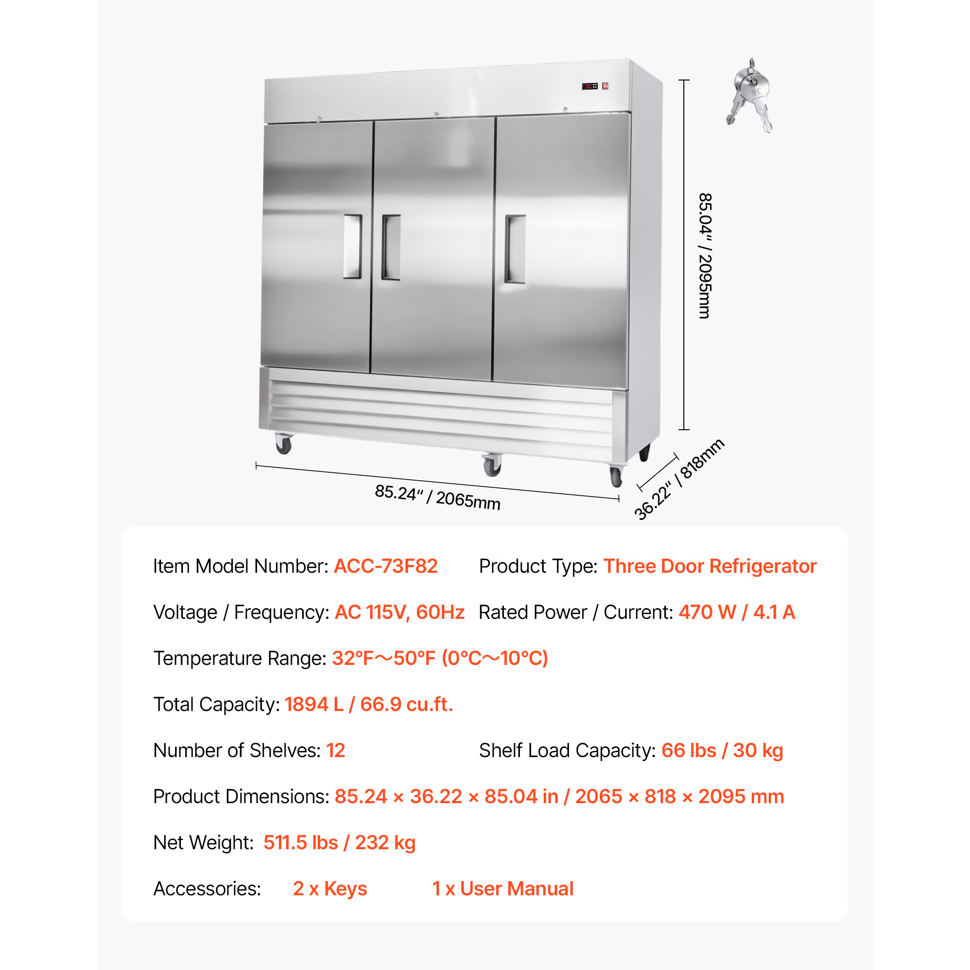 KFFKFF Commercial Stainless Steel Refrigerator, 85" Wide, 69 Cu.Ft Capacity, Three-Door Upright Design with Auto-Defrost, 12 Adjustable Shelves, Temperature Range 32-50℉, ETL Certified