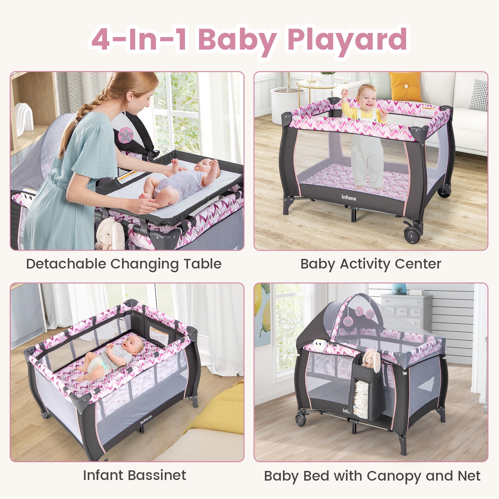 OLAKIDS 4 in 1 Pack and Play, Portable Travel Baby Playard with Bassinet, Changing Table, Canopy, Mosquito Net, Hanging Toys, Music Box, Storage Bag, Large Playpen from Newborn to Toddlers
