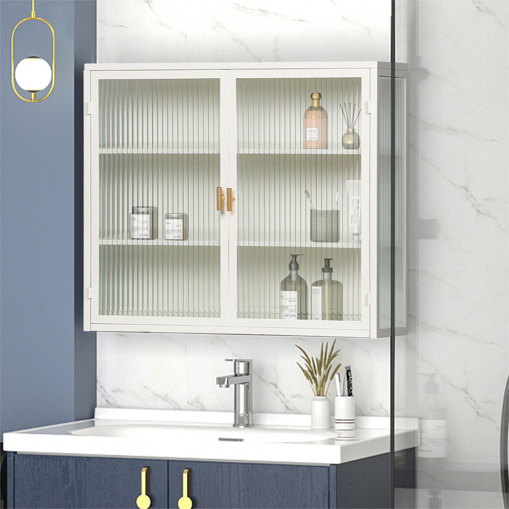 Bathroom Medicine Cabinet,Modern Glass Doors Two-door Wall Cabinet with Three-tier Storage for Bathroom,Kitchen,White