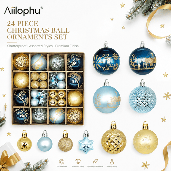 44 Pack Christmas Ornaments Set, Blue & Gold Christmas Balls, Christmas Tree Decorations for Holiday Home Party Decor