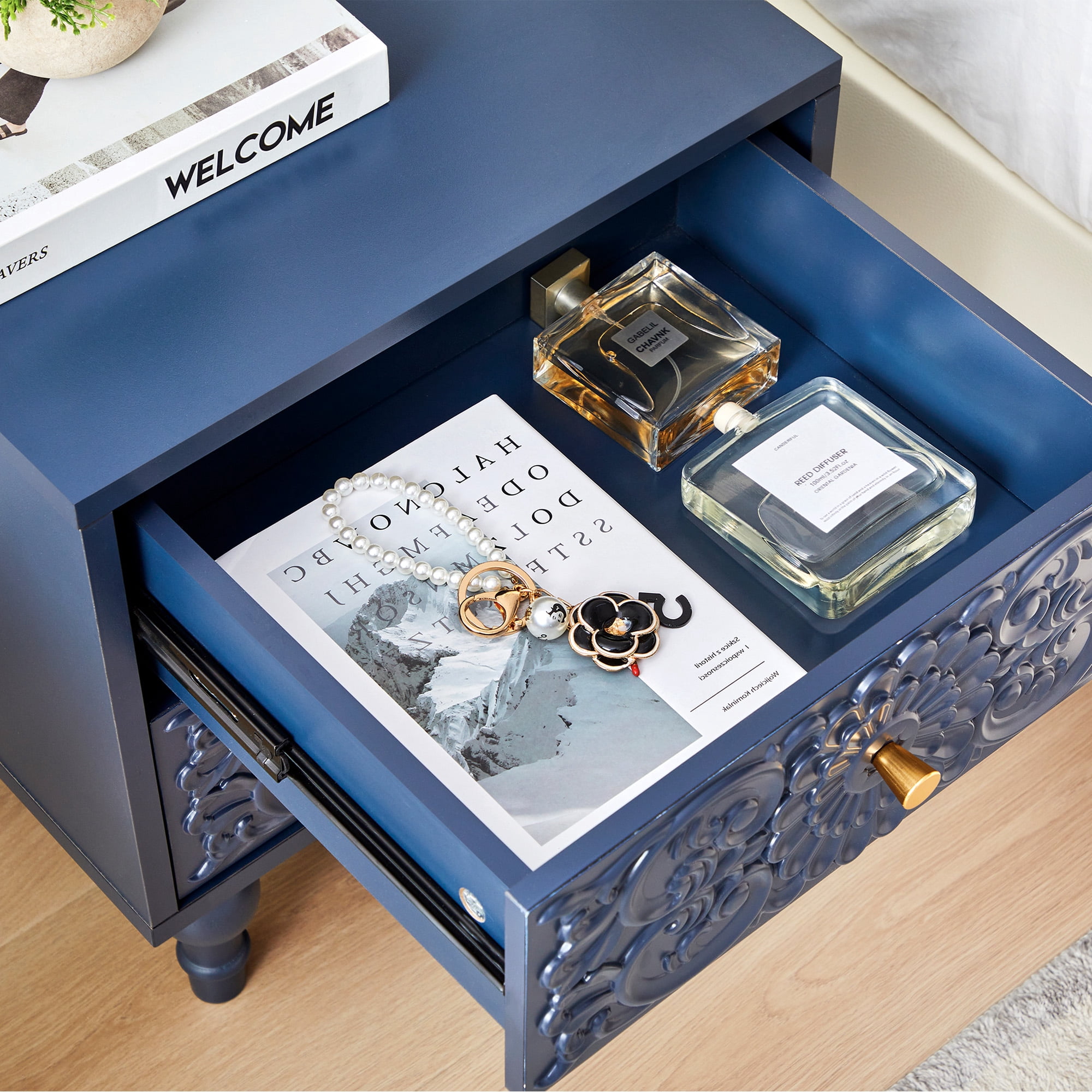 Wirrytor Vintage Short Nightstand Set of 2 with 2 Drawers, Bedside Table 2 Drawer Dresser with Embossed Pattern, Storage End Table with Wooden Legs for Bedroom & Living Room,Blue