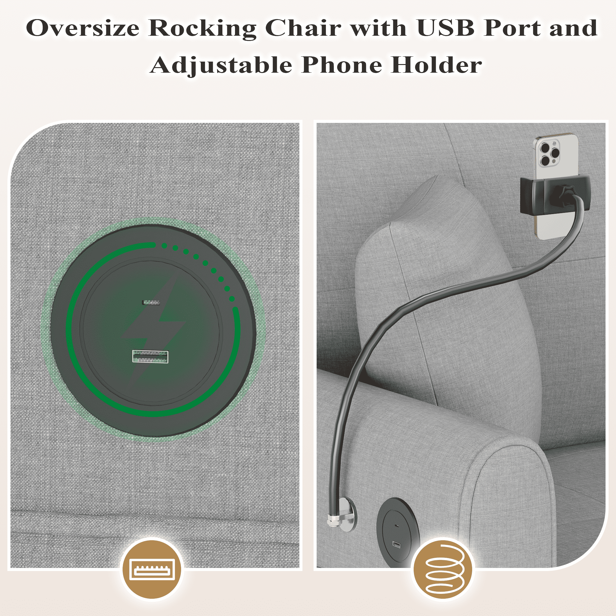 Upholstered Nursery Rocking Chair with Adjustable Phone Handle, High Back and Side Pocket USB Port, Double Wide Rocker Glider Chairs with Wood Legs for Living Room, Bedroom, Nursery, Gray