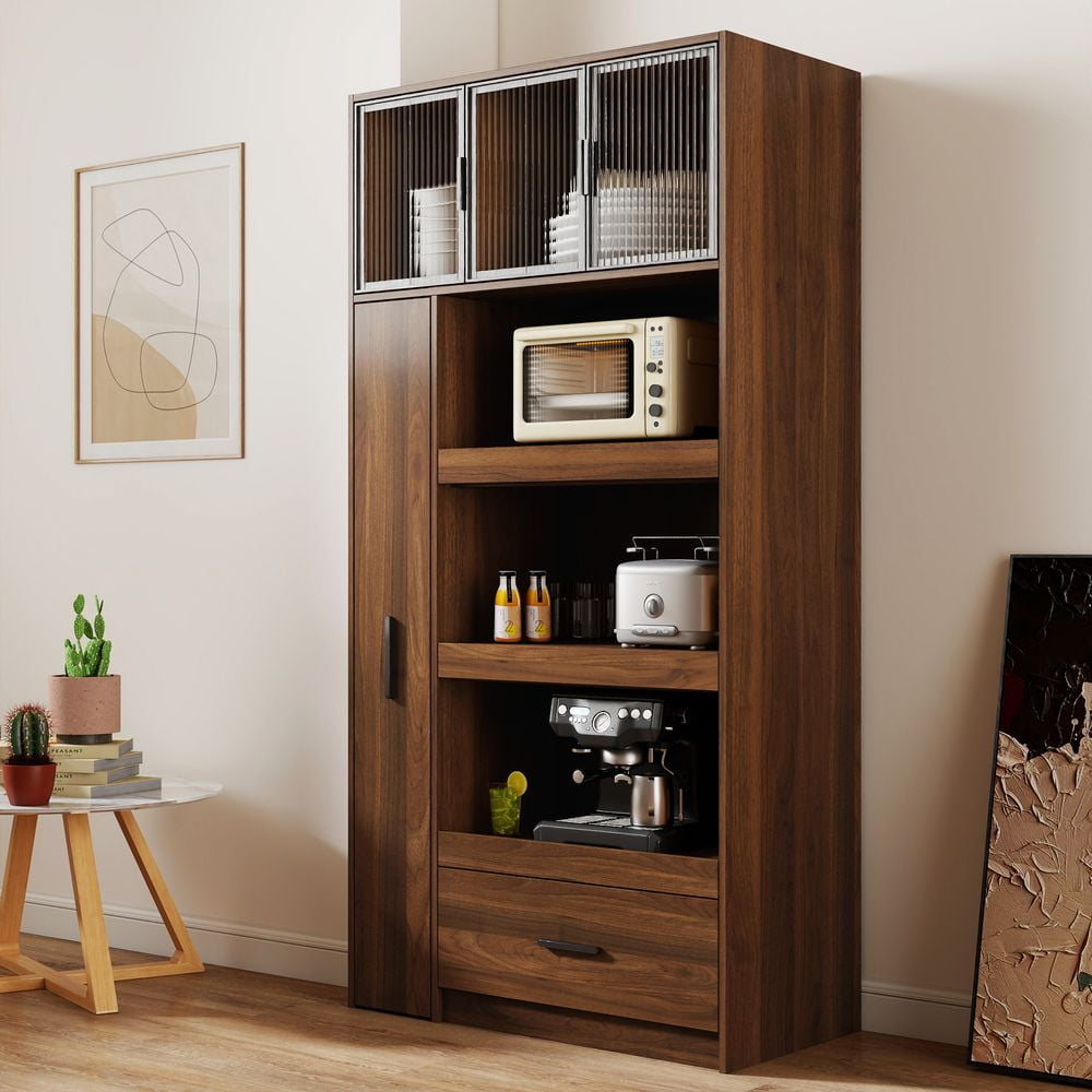 LUMAMIN 71" Kitchen Pantry Storage Cabinet with Pull-Out Multi-Tier Storage Shelf, Tall Kitchen Hutch Pantry Cabinet with Drawer and Microwave Stand Walnut