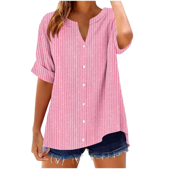 Camisetas Casuales de Manga Corta con Cuello en V Impreso Botón de Verano Suelto Y de Moda