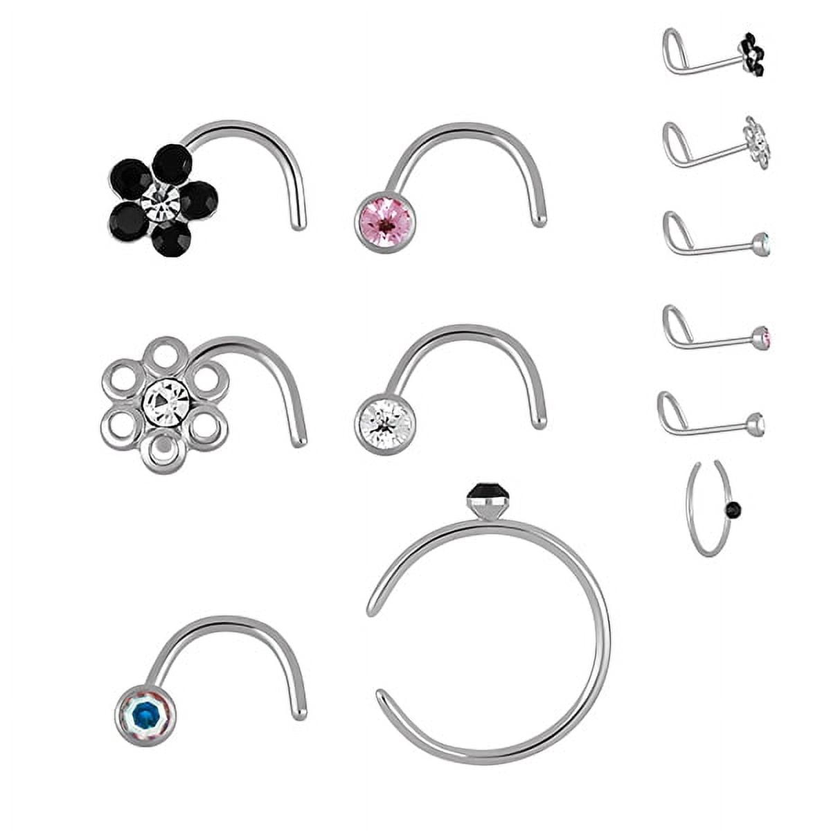 Adult Women's Stainless Steel 22G Multi Shape Crystal Stud Nose Rings, 6 Pack