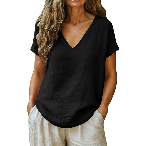 Oversized Tshirts for Women V Neck Short Sleeve Loose Vacation Cotton Linen Blouse Summer Clothes for Women