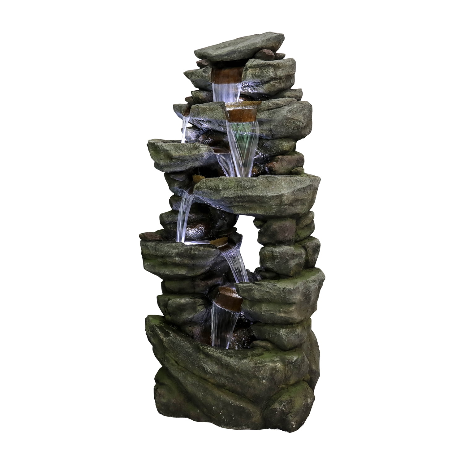 7-Tiers Rocks Outdoor Garden Water Fountain- 60" High Large Cascading Waterfall Floor Standing Water Features with LED Lights for Garden and Patio Decor