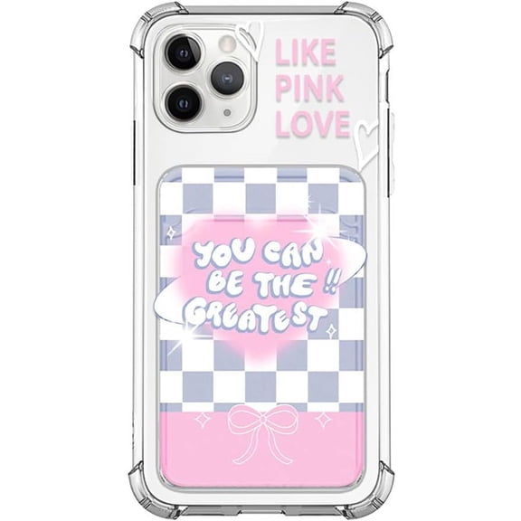 Cute Checkerboard Bow Love Heart with Wallet Card Slot Clear Phone Case Compatible with iPhone Case (Clear,iPhone 15 Plus)