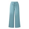 thumbnail image 6 of Women's Cotton Spandex Wide Leg Pants, Elastic Drawstring High Waist, Loose Soft Pockets, Casual Summer Beach Travel Lounge, Flowy Trousers | VerBelle,Light Blue S, 6 of 7