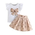 thumbnail image 2 of VOONCAS Girls 2-Piece Bow Outfit Set with Ruffle Top & Pleated Skirt | Beige Kids Kid Spring Summer Clothes,Size 5-6T, 2 of 9