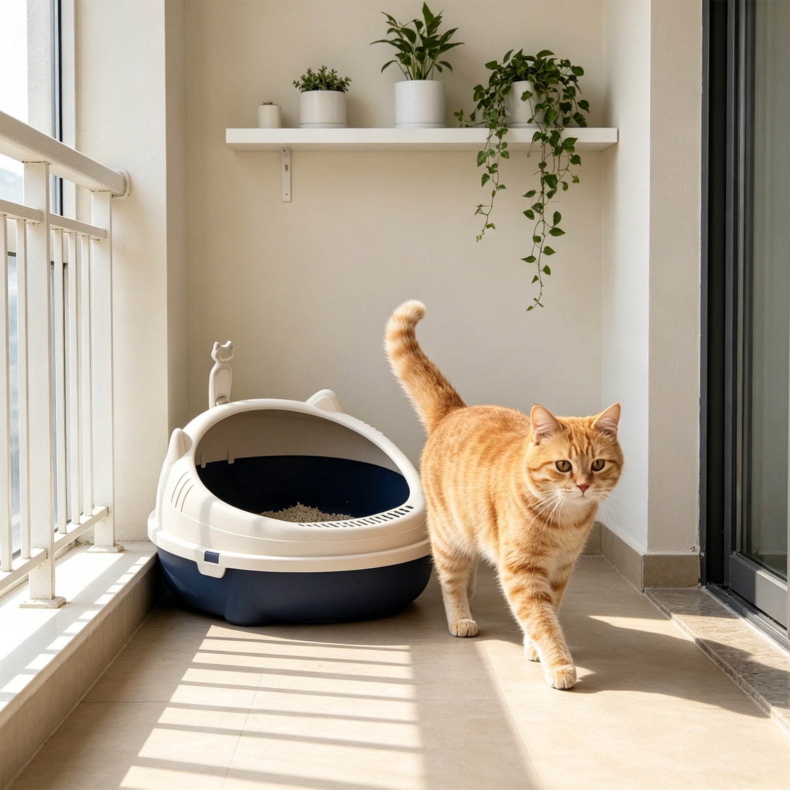 2026 New Open Top Cat Litter Box, High Wall Semi Enclosed Pet Litter Tray for Home Living Room, Non Slide Bottom & Easy to Clean, 16.54x14.17x6.69in Blue