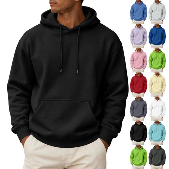 UDAUDU Mens Fleece Hoodie Long Sleeves Casual Pullover Drawstring Hooded Sweatshirt with Kangaroo Pocket Cozy Basic Hoodies for Men Black S