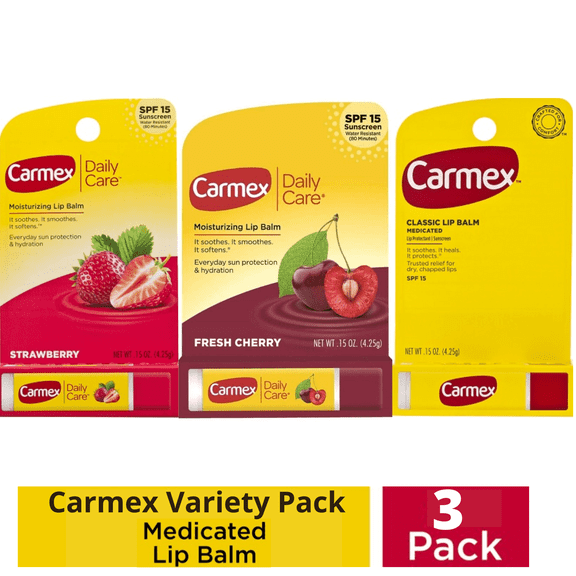 Carmex Medicated Lip Balm Sticks,Fresh Cherry,Strawberry and Classic Lip Moisturizers for Dry, Chapped Lips - 0.15 OZ.,Each (3 Pack Variety)