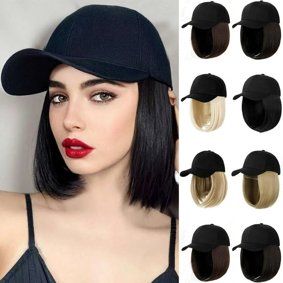 Baseball Cap with Hair Extensions Straight Short Bob Hairstyle Adjustable Wig Hat for Woman Girl Daily Wear