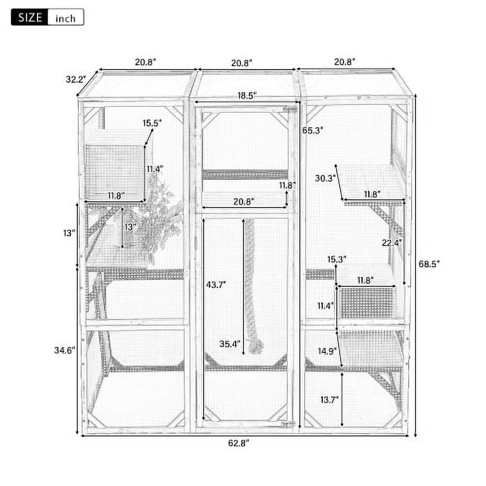 Outdoor Cat House Pine DIY Enclosure, Double Entry Catio with Platforms & 2 Condos, 62.8"L Balcony Playpen for 1-3 Cats, Black and Brown