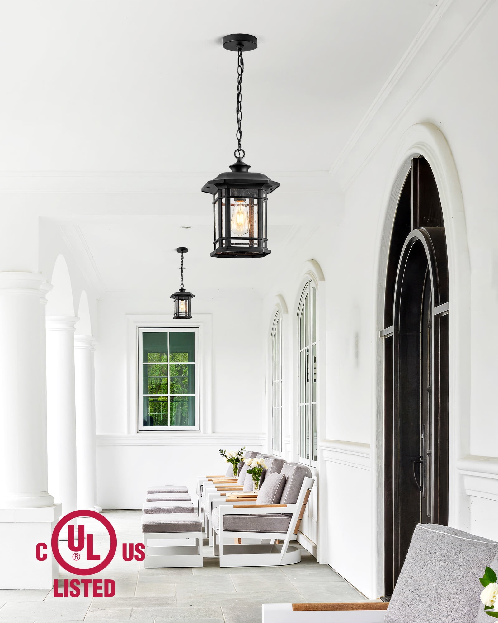 VIANIS Large Outdoor Pendant Light, Black Outdoor Chandelier Lantern, Anti-Rust Outdoor Hanging Lights, Porch Lights Outdoor Ceiling with Tempered Seed Glass for House