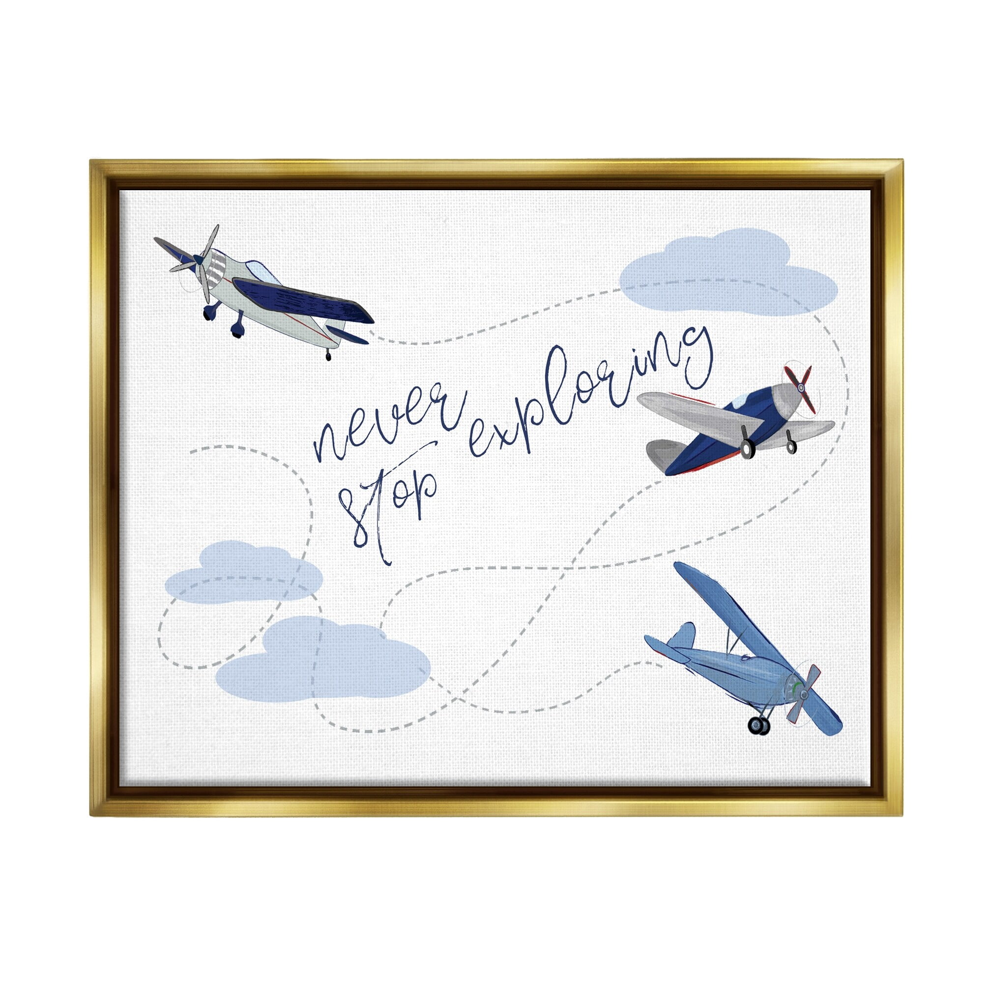 Stupell Industries Never Stop Exploring Airplanes Metallic Gold Framed Floating Canvas Wall Art, 16x20, by Sweet Pea Studio