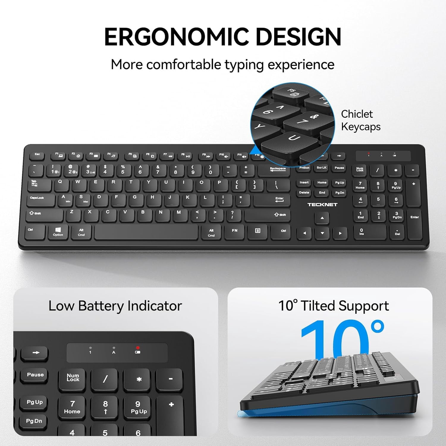 Wireless Keyboards, Support 2.4G USB and Bluetooth - Full Size Computer Keyboards with Number Pad, Multi Device for PC, Desktop, Laptop, Tablet, 105 Days Standby Time, Black