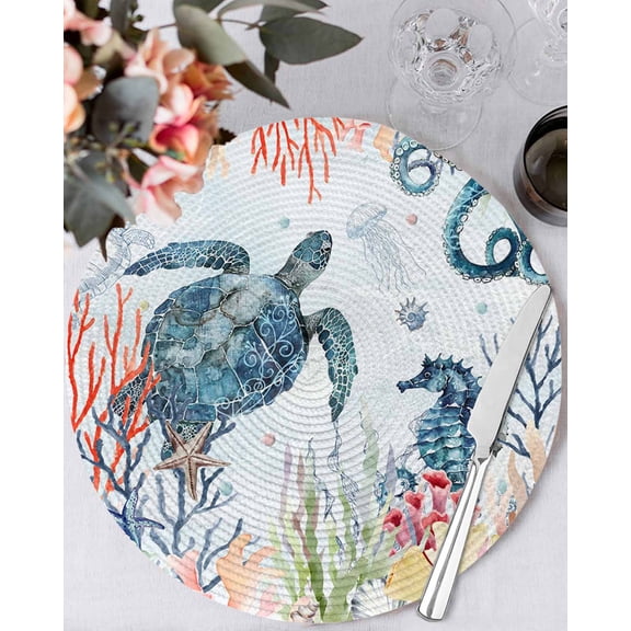 13 Inch Round Placemats Set of 4, Sea Turtles Non Slip Heat Insulation PP Table Mats, Oceans Octopus Starfish Seahorse Coral Washable Place Mats for Kitchen Dining Party Table Decor