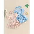 thumbnail image 4 of Aojekbee Baby Girls Summer Outfit Short Sleeves Rompers and Floral Suspender Skirt Headband 3 Piece Clothes Set, 4 of 10