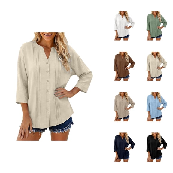3/4 Length Sleeve Womens Tops Cotton Linen V Neck Button Up Pleated Relaxed Fit Dressy Casual Office Work T Shirts