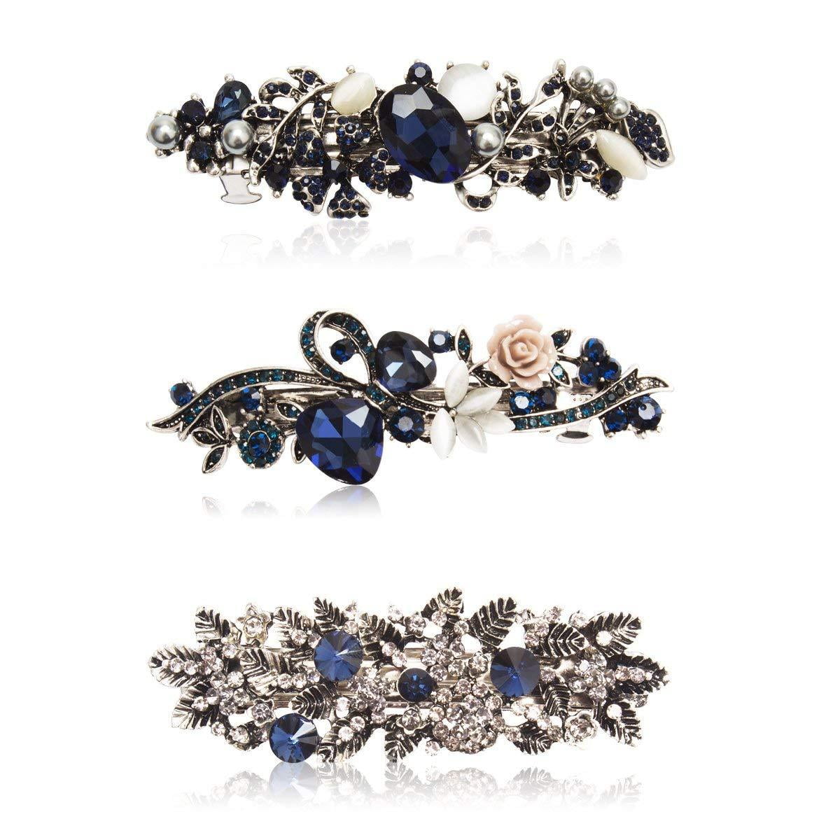 Women Fashion Navy Blue Flower Hairpin Rhinestone Hair Pins Clip Accessories