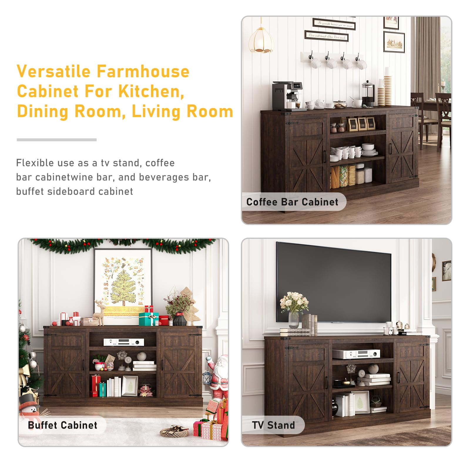 ChVans Farmhouse TV Stand for 65" 70" up 75" TVs with Power Outlet, 33" Tall TV Stand Entertainment Center with Storage, Brown TV Consoles for Living room Bedroom