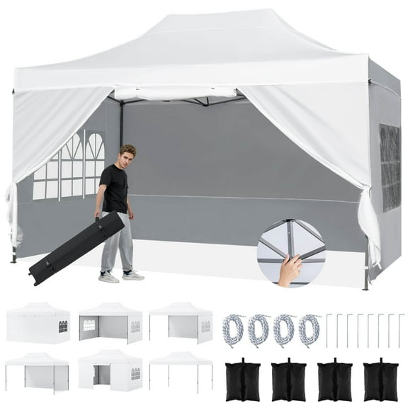 Costway 10 X 14 FT Pop up Canopy Tent with 4 Sidewalls, Wheeled Bag, 4 Sandbags, 8 Stakes White