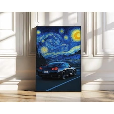 Gt R Poster With Starry Night Background Of Car And Van Gogh Style For Man Cave Or Garage Wall Housewarming Gift Ideas UNF