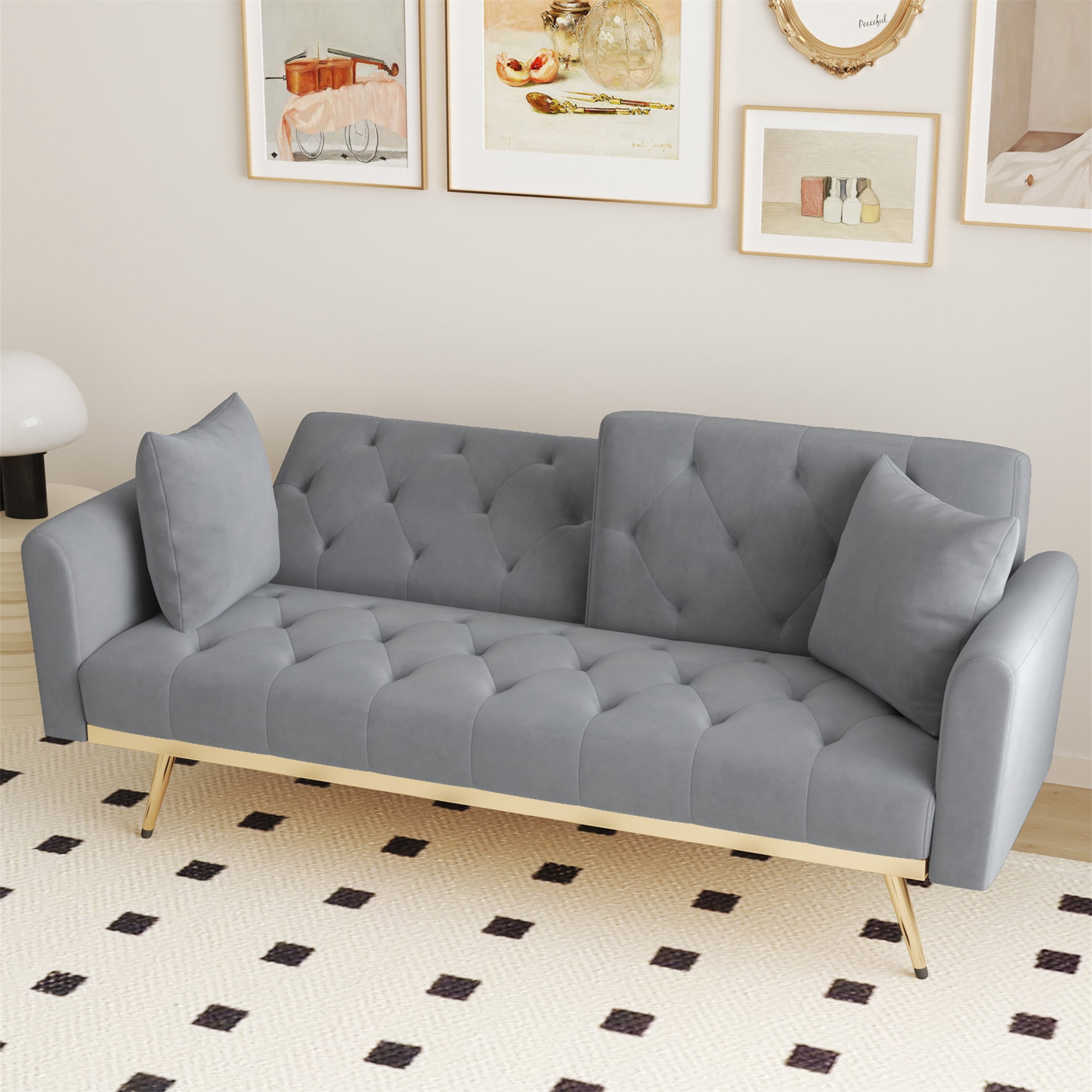 Aukfa Velvet Futon Convertible Sofa Bed for Home Office, 2 Pillows, Upgraded Metal Base, Gray