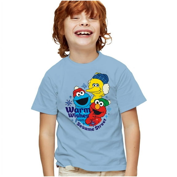 Sesame Street Elmo, Cookie Monster Warm Wishes For Christmas Kids T Shirt for Youth Boys and Girls, Light Blue, Small