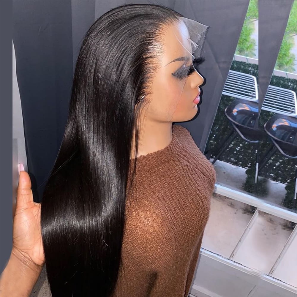 Transparent Lace Front Wigs Straight Hair 13x4 Lace Front Wigs Human Hair with Baby Hair Pre Plucked Bleached Knots 150% Density Remy 10A Brazilian Straight Lace Wigs for Black Women(28 Inch)