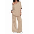 thumbnail image 2 of Women'S 2 Piece Travel Outfits Casual Short Sleeve Knit Sweater Set Wide Leg Pants Lounge Sets Khaki XL, 2 of 8