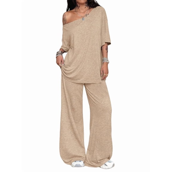 Women'S 2 Piece Travel Outfits Casual Short Sleeve Knit Sweater Set Wide Leg Pants Lounge Sets Khaki M