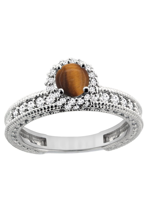 14K White Gold Natural Tiger Eye Round 5mm Engagement Ring Diamond Accents, size 7