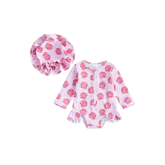 BemeyourBBs Newborn Baby Girls One Piece Swimsuit Infant Girl Bathing Suit Long Sleeve Zipper Swimwear Rash Guard with Hat Set UPF 50 Summer Beach Wear