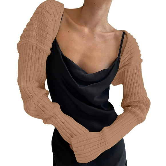 WEAIXIMIUNG Women Knit Crochet Long Sleeve Crop Top Bolero Cardigan Contrast Color Vintage Cropped Sweater