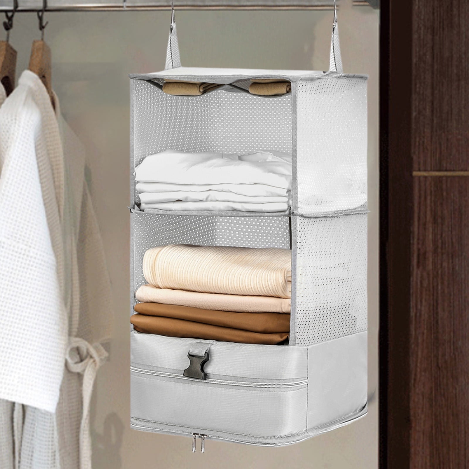 Hanging Packing Cubes | Portable Closet Shelves Travel Garment Organizer | 3 Compartments with Pockets | Gray or Khaki