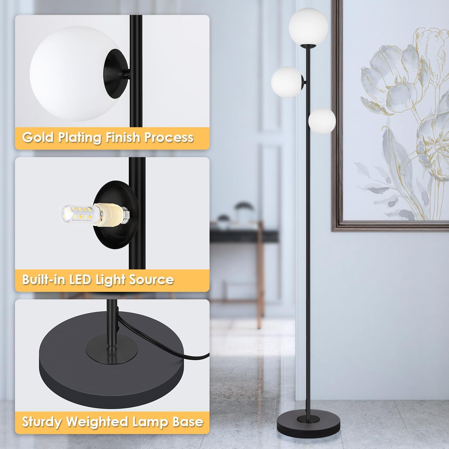 3 Globe Eclectic Floor Lamp - 3 Color Options Moderm Floor Lamps for Living Room, Mid Century Standing lamp Home Decor for Bedrooms Office(Matte Black, LED Bulbs Included)