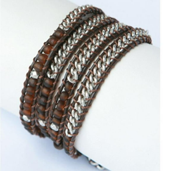 Silver and Leather Brown Beaded Wrap Bracelet