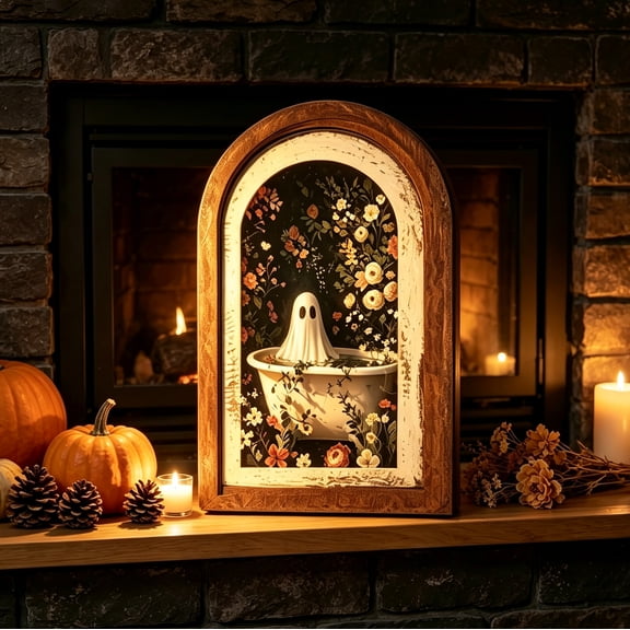 Vintage Halloween Wall Decor, Spooky Ghost Arch Spooky Decor, Wooden Rustic Double-Layer Halloween Table Decor for Tabletop, Wall, Mantel