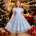 thumbnail image 4 of Girls Embroidered Tulle Dress Puff Sleeve Floral Ruffle Aline Dress Formal Birthday Party Dresses Blue, Size 7-8, 4 of 6