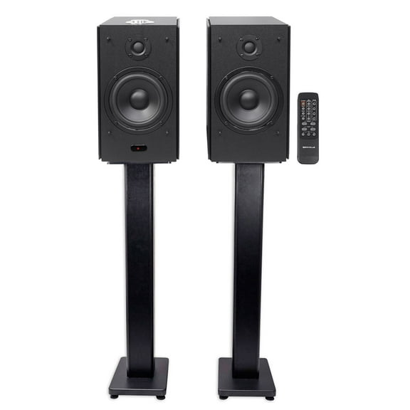 Pair Rockville HD5 5" Bluetooth Bookshelf Home Theater Speakers Stands - Black
