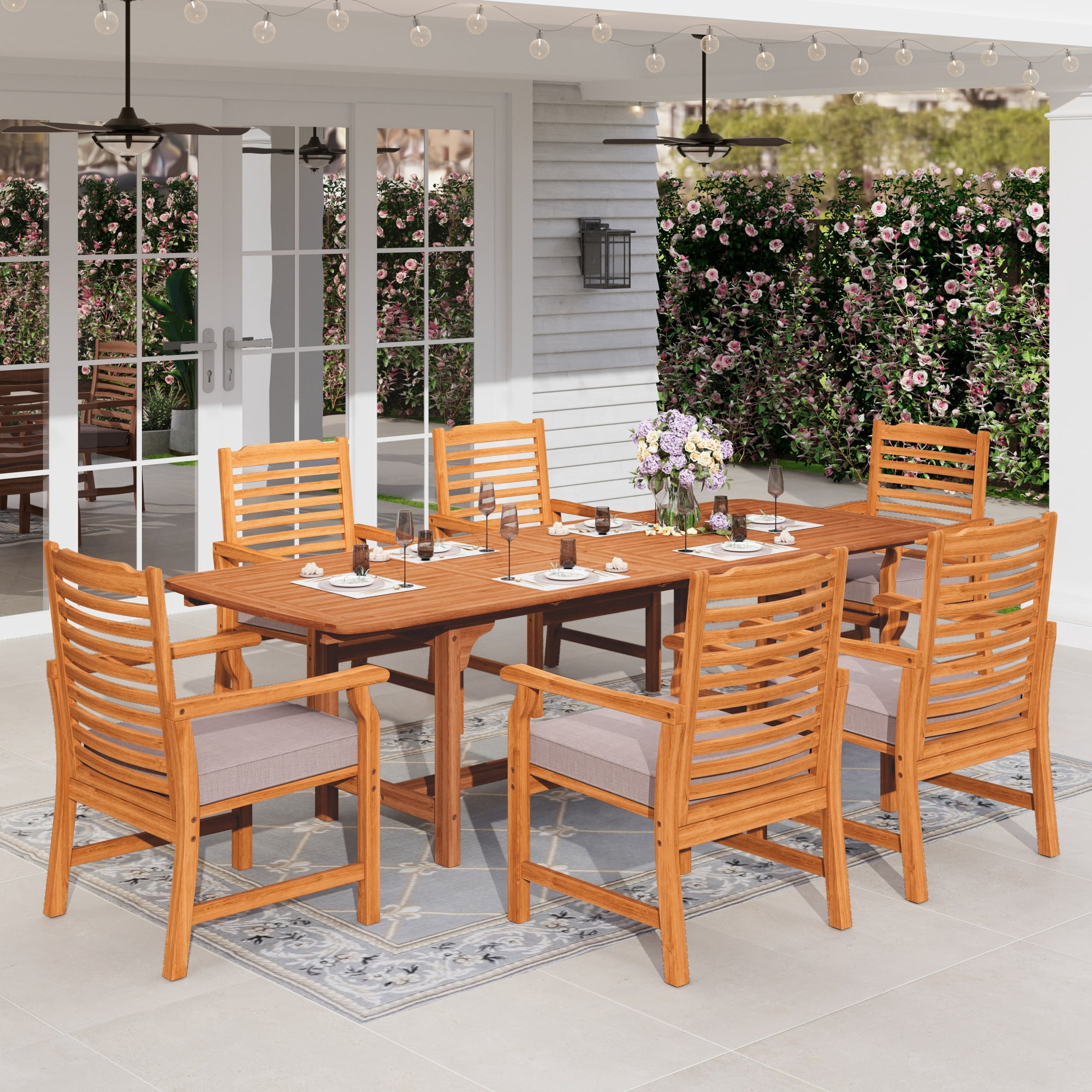 Sophia & William 7 Pieces Patio Dining Set Acacia Wood Outdoor Furniture Set Expandable Table and Natural Wood Chairs with Cushions for Lawn, Garden, Backyard