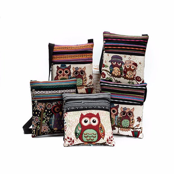 Women's Embroidered Owl Linen Tote Bag - Fashion Shoulder Bag & Postman Package with Zipper, 23.5x21x1cm (A,B,C,D Colors)