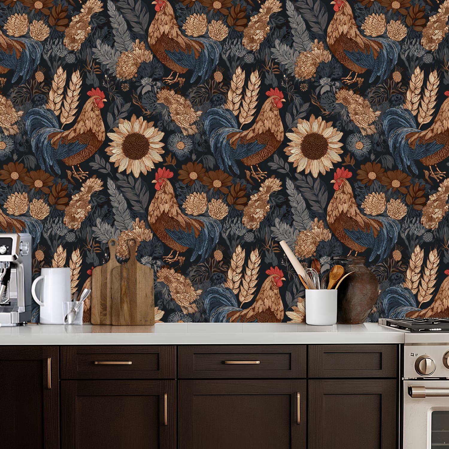 Chicken Peel and Stick Wallpaper Rustic Floral Rooster Sunflowers Daisies Wall Mural 17.7in x 9.8ft Self Adhesive Removable Wall Paper Renter Friendly Wallpaper for Nursery Bedroom Cabinets