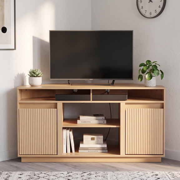 52.01in Oak Corner TV Stand for TVs up to 55 Inch Mid Century Entertainment Center