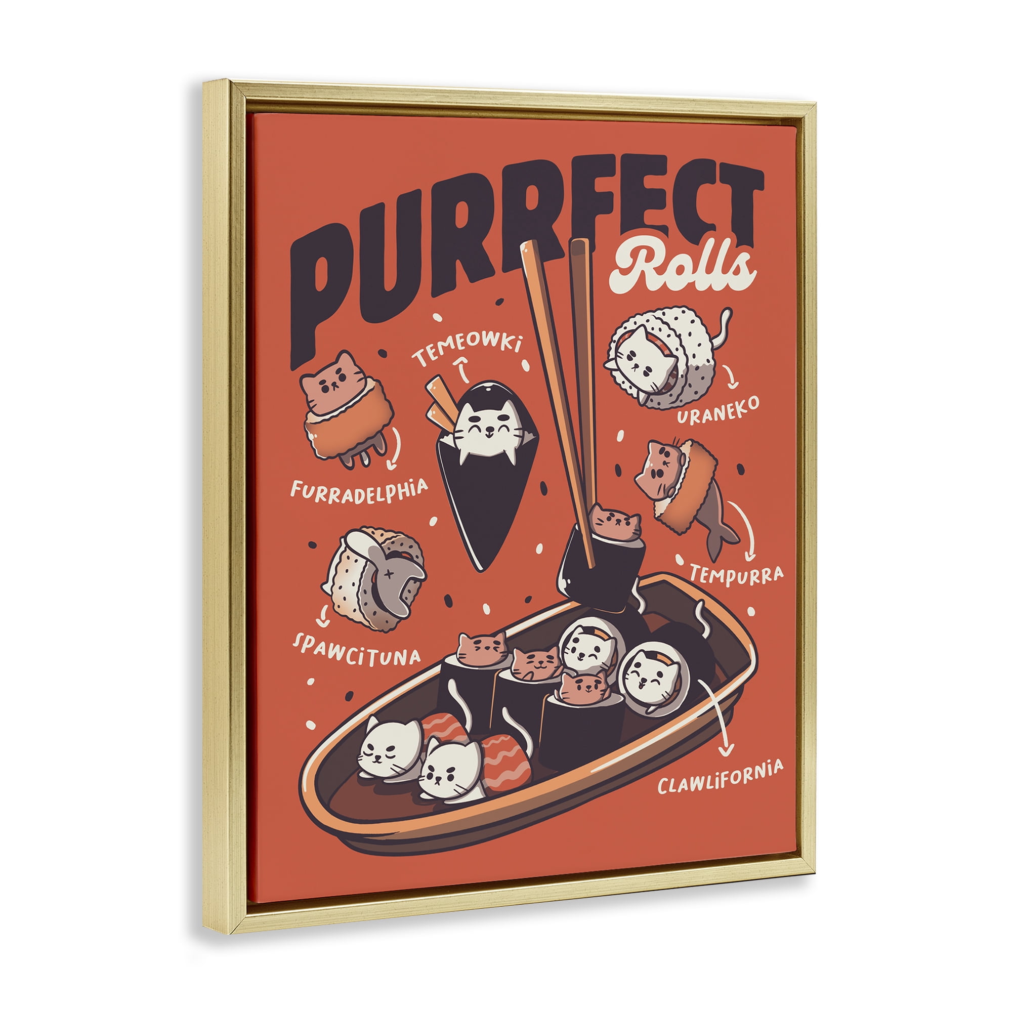 Stupell Industries Purrfect Rolls Sushi Cats Gold Framed Floater Canvas Wall Art, design by Tobe Fonseca