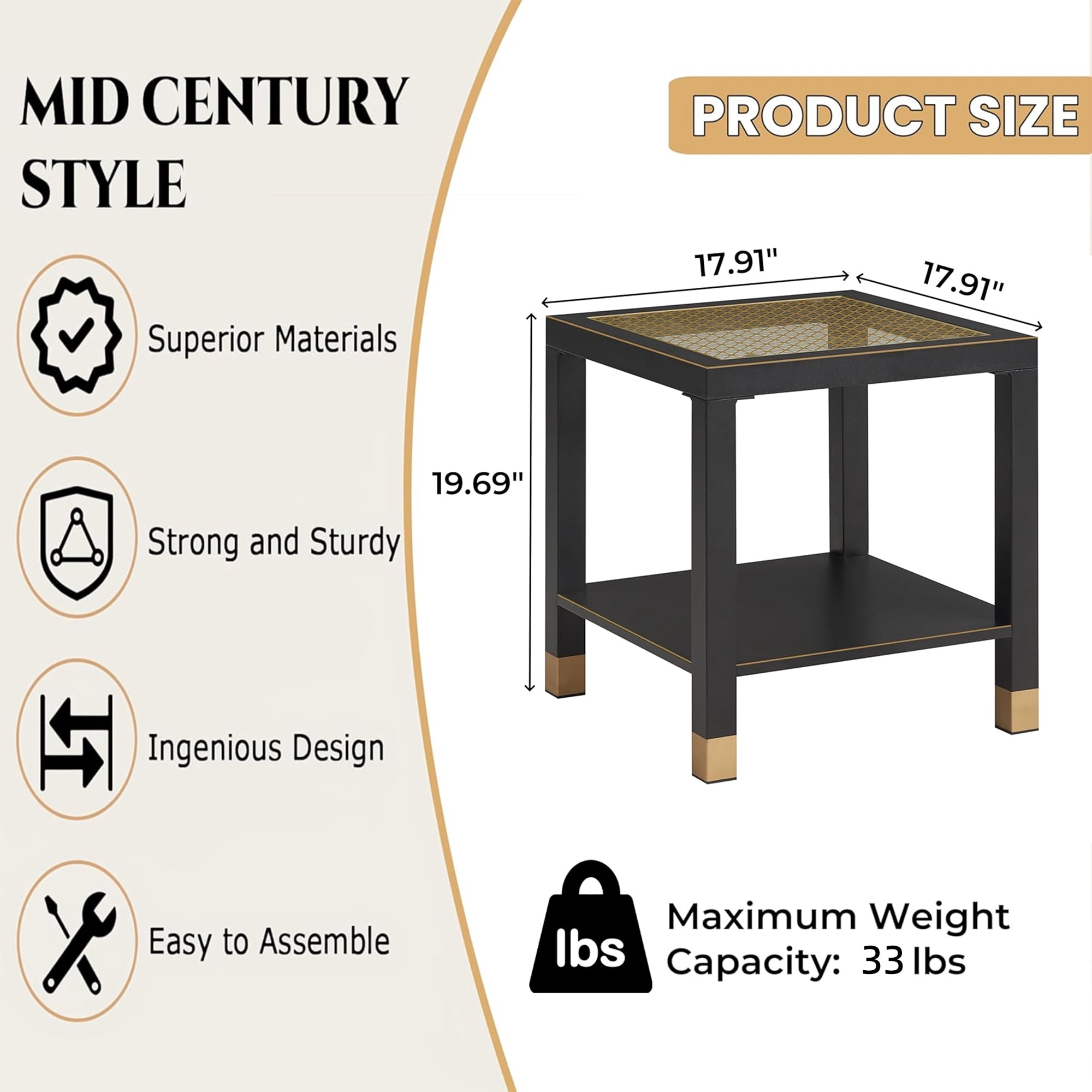 Leumius Glass End Table, Modern Style Side Table, Square Table with Tempered Glass and Metal Frame, 2-Layer Nightstand for Living Room Black