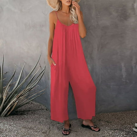 

Yuwegr Jumpsuits For Women Loose Stretchy Casual Adjustable Rompers Summer Dressy Strap Jumpsuit Bodysuit Watermelon Red XXL